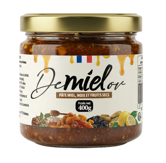 Pâte miel, noix et fruits secs en pot 400g Pâte au miel, noix et fruits secs en pot 400g